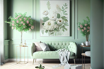 beautiful luxury pastel green interior with spring time flower decoration