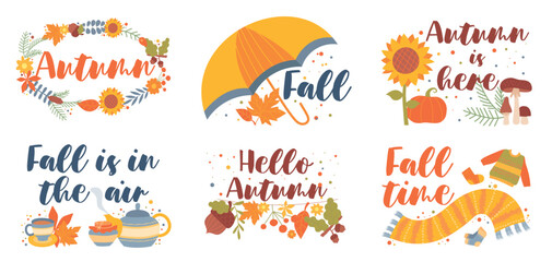 Autumn posters set. Collection of graphic elements for website. Symbol of windy, cold and rainy weather, yellow leaves with berries. Cartoon flat vector illustrations isolated on white background