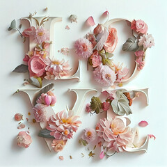 Creative flat lay of word love made of beautiful spring pink flowers, isolated
