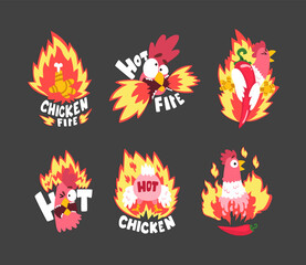 Fototapeta na wymiar Hot Spicy Chicken with Fire as Grill and Roast Sticker Vector Set
