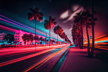 Obraz premium city street at night with colorful long exposure lights