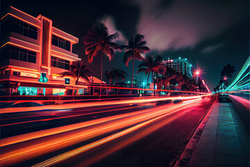 Obraz premium city street at night with colorful long exposure lights