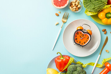 Proper diet concept. Top view photo of cutlery plate with alarm clock cabbage pepper grapefruit nuts dumbbell and tape measure on isolated pastel blue background with copyspace