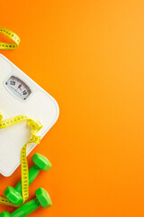 Slimming concept. Top view vertical photo of scales tape measure and dumbbells on isolated orange background with blank space
