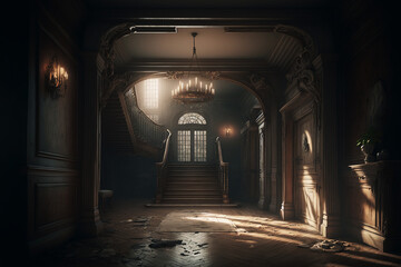 Generative AI illustration of abandoned manor interior - 553315985