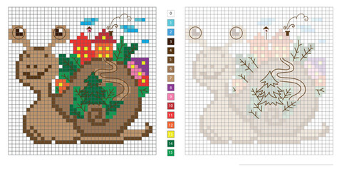 pixel illustration, cheerful snail with houses on its back, embroidery, coloring by cells for the development of children and adults, the development of counting, logic, motor skills and imagination