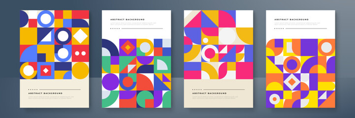 Modern abstract covers set with mosaic minimal covers design. Colorful geometric background, vector illustration.