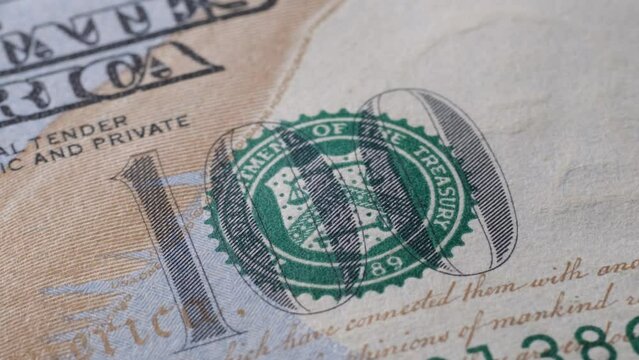 Close-up shot of 100 dollar banknote. Cash money banknotes. Macro view of cash US dollars. 4k video