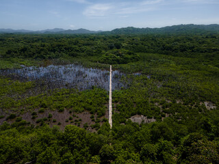 Obraz premium Beautiful aerial view of the Avellanas Mangrove, its iconic bridge, and the magical beach in Costa Rica Guanacaste