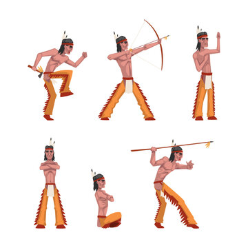 Male as Native American Tribe Member In Traditional Indian Clothing with Hatchet, Bow and Spear Vector Set