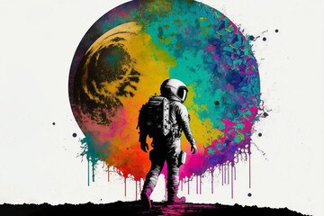 astronaut with a moon, graffiti style, colorful