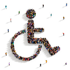 Crowd of people gathered together in the shape of  wheelchair symbol, top view, disabled handicap concept, isolated on white background 