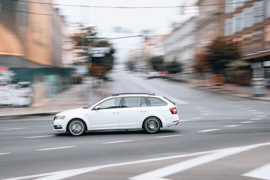 Ukraine, Kyiv - 2 August 2021: White Skoda Octavia car moving on the street. Editorial