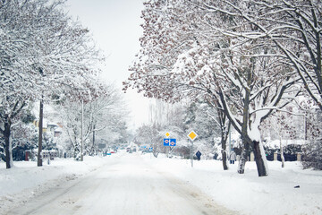 zasypana śniegiem ulica z przechodniami na chodnikach © Monika