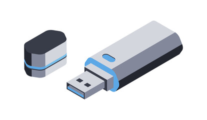 3d icon of USB flash memory. Computer gadget, portable storage device. Digital technologies for work, study, users, office. Isolated object on white background. Vector illustration in isometric style