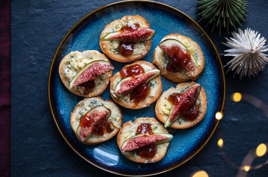 Christmas Canapes With Stilton Cheese And Fresh Figs