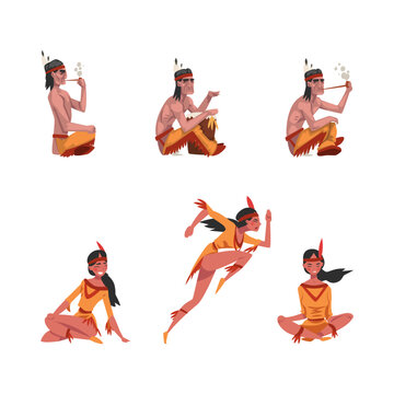 Male and Female as Native American Tribe Member In Traditional Indian Clothing Smoking Pipe, Sitting and Running Vector Set