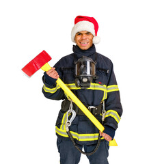 Exited young African American fireman in uniform and red Santa Hat holds fire hose in hand and looking at camera isolated on white background, vertical orientation 