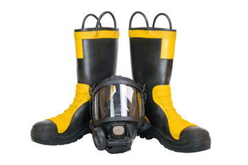 Pair of firefighter boots and full facepiece gas mask isolated on white background. 