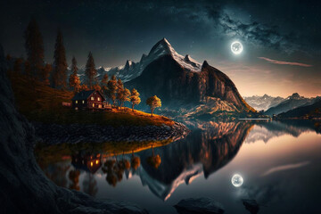 illustration of beautiful nature landscape in starry night