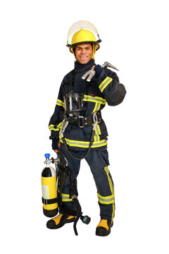 Full body young smiling African-American man in uniform of fireman with breathing air cylinder apparatus and full facepiece respirator and hooligan crowbar in hand, isolated on white background