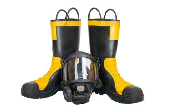 Pair of firefighter boots and full facepiece gas mask isolated on white background. 