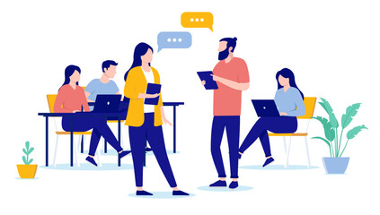 Office dialogue - People at work talking and discussing while working. Job communication concept, flat design vector illustration with white background