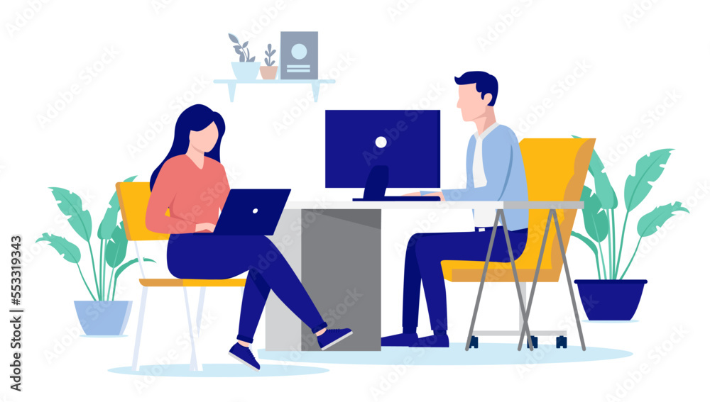 Leinwandbilder Working in office - Man and woman sitting with computers at desk doing work. Flat design vector illustration with white background