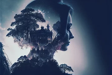Double exposure of a woman profile and haunted mansion © Jacques Evangelista