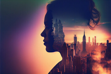 Double exposure of a woman profile and landscape