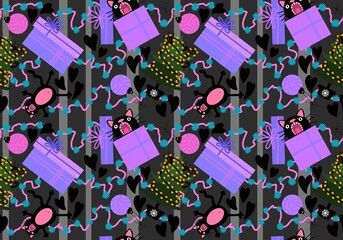 Cartoon funny cats seamless Christmas tree pattern for wrapping paper and kids clothes print and festive packaging