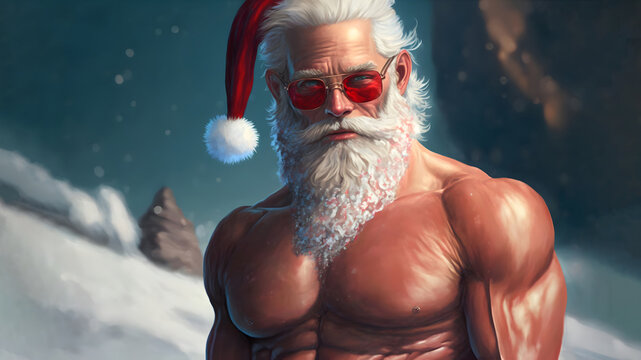 Caucasian Santa Claus as gorgeous body builder, neural network generated art. Digitally generated image. Not based on any actual scene or pattern.