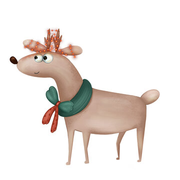 Cartoon Christmas reindeer with Christmas eyelids and Christmas lights, funny reindeer with big eyes, Santa Claus' helper 