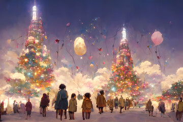 Modern Christmas Urban Cityscape Celebration. [Digital Art Illustration, Christmas Fantasy Background, Greeting Card Image]  - obrazy, fototapety, plakaty