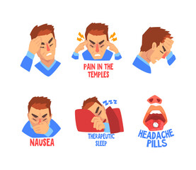 Man Suffering from Severe Headache Having Pain in Temples, Nausea and Taking Pills Vector Set