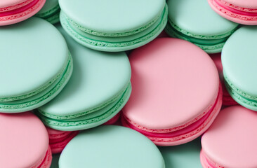 a lot of macaron with green and pink color.