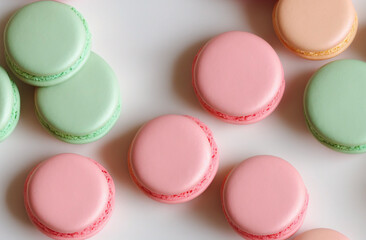 a lot of macaron with pastel color on white background