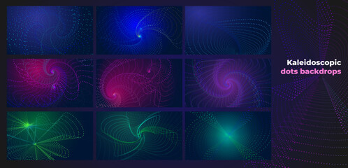 Kaleidoscopic dots backgrounds with editable gradients colors. 1920x1080 backdrop background. Futuristic liquid geometric particles.
