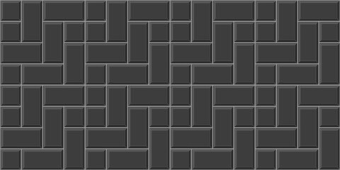 Black cobblestone tile background. Pavement texture. Stone or ceramic brick wall pattern. Kitchen backsplash mosaic surface. Bathroom, shower or toilet floor decoration. Vector flat illustration