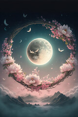 Illustration of a round wreath of fresh pink Spring flowers, through which can be seen the moon and moonlight passes. Dark night over the mountains. Generative AI.