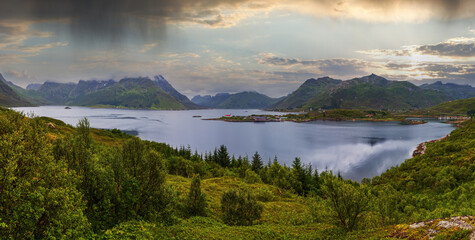 Lofoten fjord and mountains summer cloudy landscape, Norway. Panorama.