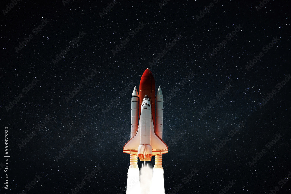 Aufkleber New space shuttle rocket with blast successfully takes off into the night starry sky. Spaceship launched into outer deep space with stars