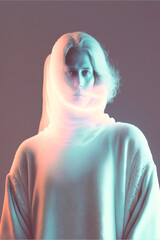A scary portrait in a white hooded sweatshirt shrouded in smoke and fog. Ghost costume. Neon, cyber, iridescent colors and lights. Illustration of a girl. Generative AI.