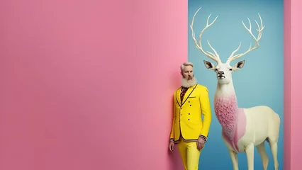 Poster Im Rahmen Fashionably young urban hipster man in trendy yellow suit with white reindeer on pastel pink background. Elegant minimal illustration. Generative AI. © Uncanny Valley