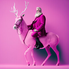 White beard urban hipster man in trendy pink suit with pink reindeer on pastel purple background. Fashionably, elegant minimal illustration. Generative AI.