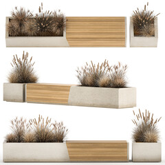 Concrete bench with dry bushes, plants, greenery, wooden bench, bench