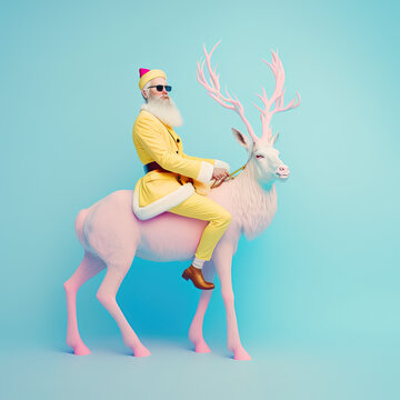 Urban Santa hipster man in trendy pastel yellow suit with pink reindeer on pastel blue background. Fashionably, elegant minimal illustration. Generative AI.