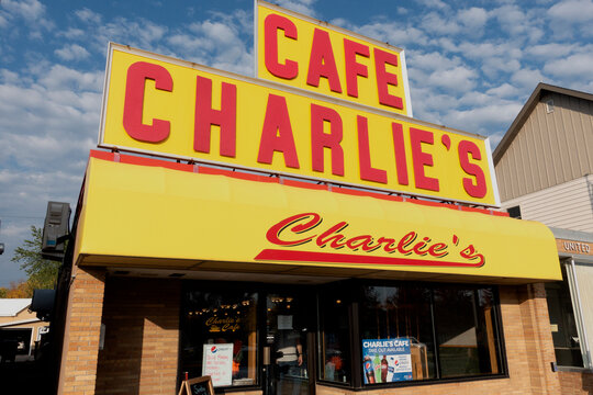 Entrance to famous Charlie's Cafe with delicious caramel rolls. Located in the heart of Garrison Keillor's Lake Wobegon. Freeport Minnesota MN USA