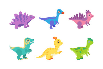 Funny Colorful Dinosaur as Cute Prehistoric Creature and Comic Jurassic Predator Vector Set