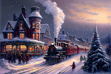 Christmas village, the train chugs along the snowy tracks
